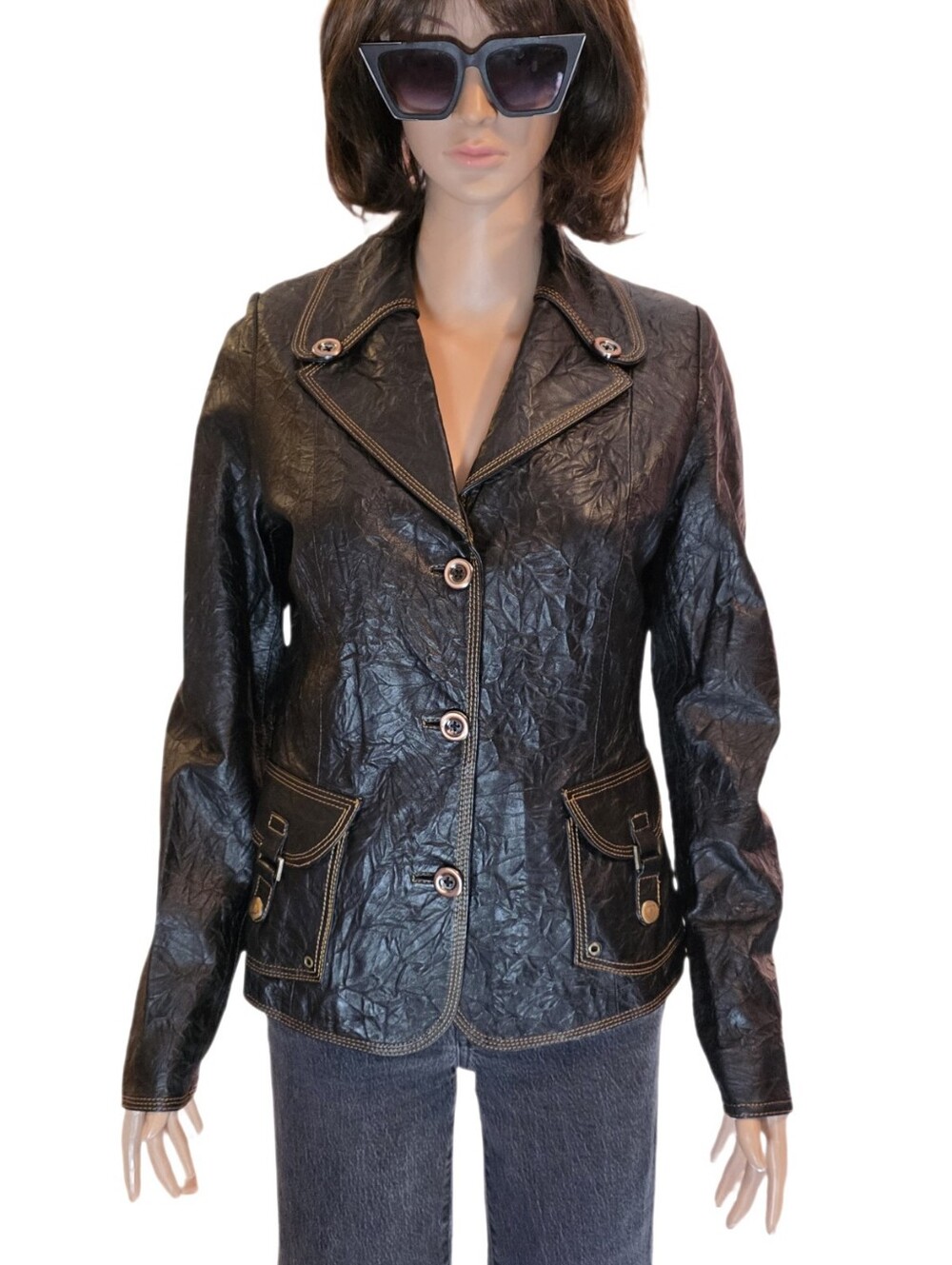 Y2K Ar Temiz Vintage Black Leather Crinkle Blazer Jacket  EUC